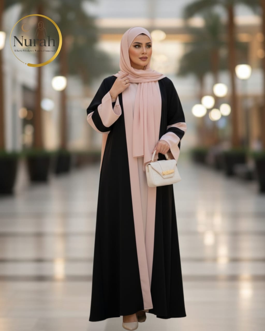 Dual-Tone 3-Piece Abaya Set - Pink Inner & Black Upper | Korean NIDA