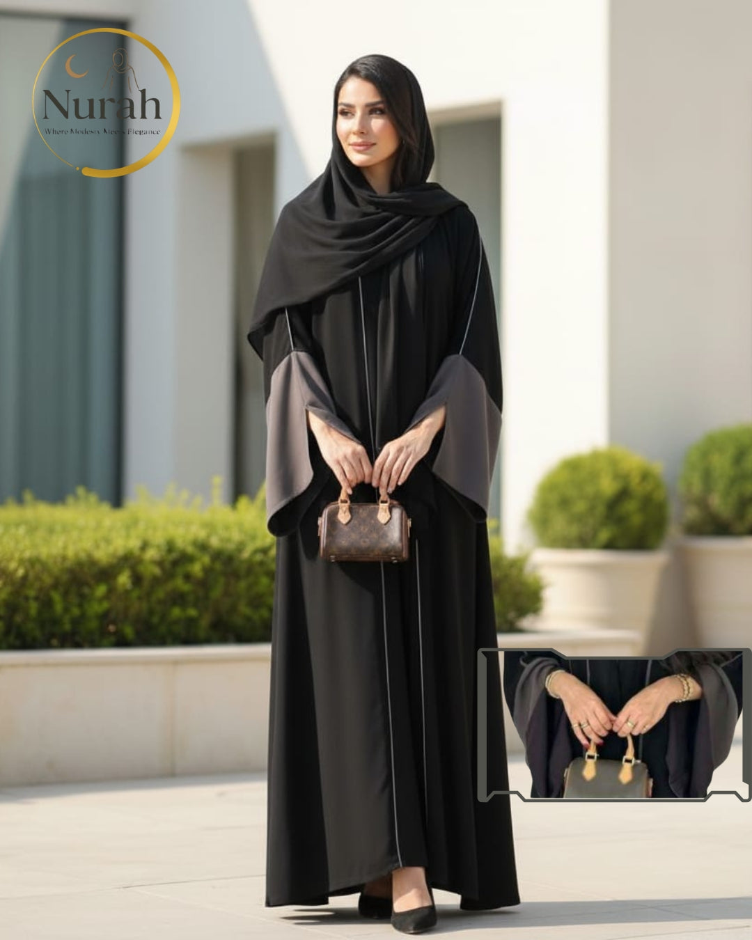 Black Abaya with Dual-Tone Sleeve Design - Korean NIDA | Dubai Made