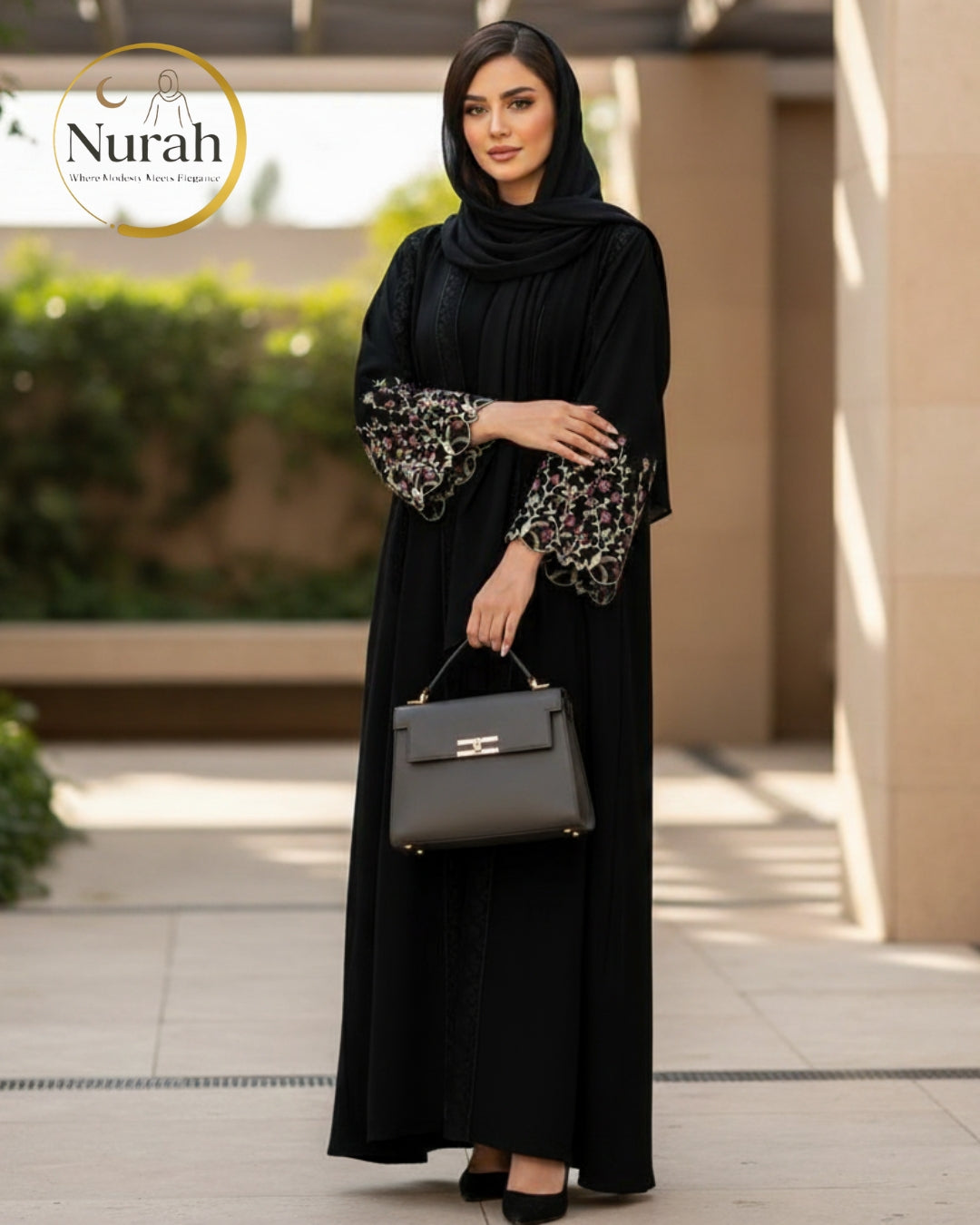 Black Abaya with Handmade Sleeve Embroidery - Korean NIDA | Dubai Made