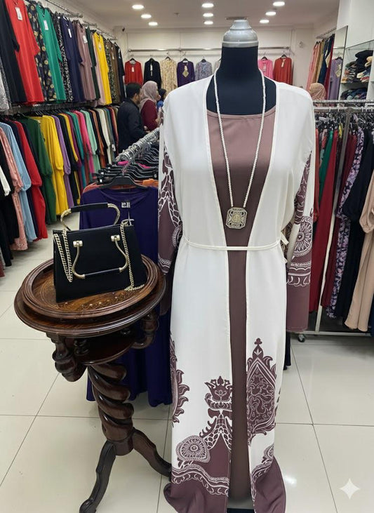 Modest Brown & White Printed Abaya