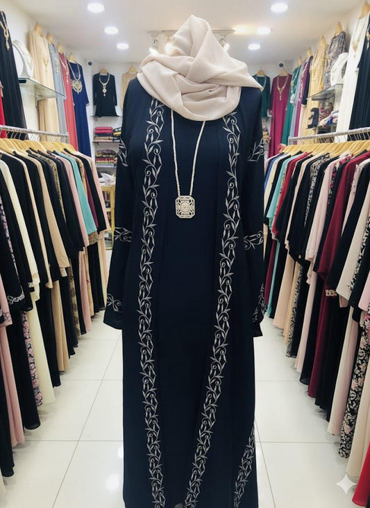 Black Embroidered 3-Piece Abaya Set with Pink Hijab