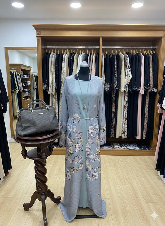 Elegant Dusty Blue Floral Print Abaya