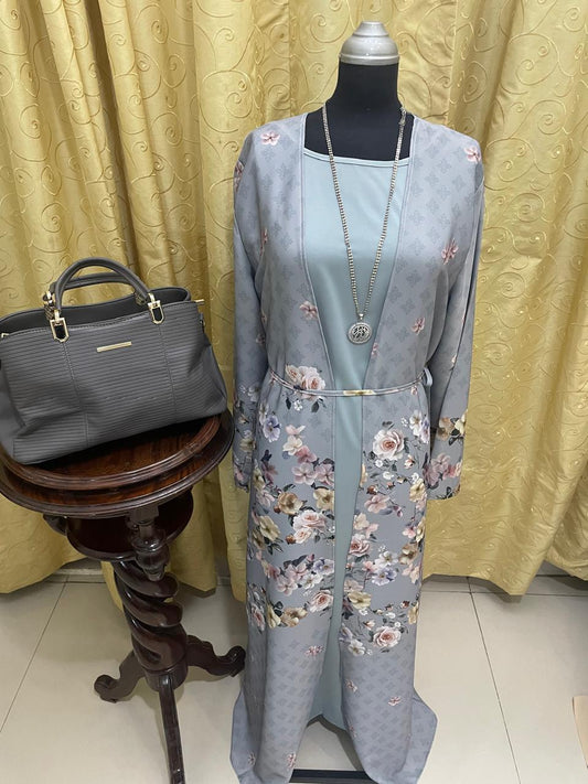 Elegant Dusty Blue Floral Print Abaya
