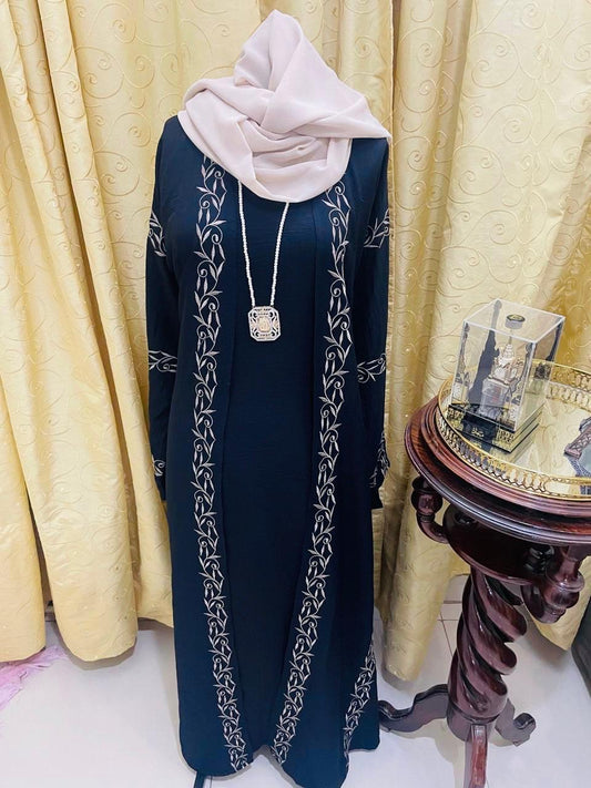 Black Embroidered 3-Piece Abaya Set with Pink Hijab