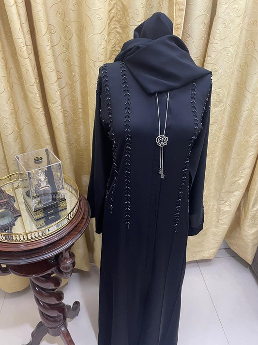 Black Beaded Abaya with Hijab Set