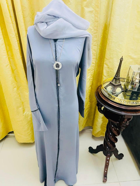 Grey Abaya with Hijab and Trim Detailing Set