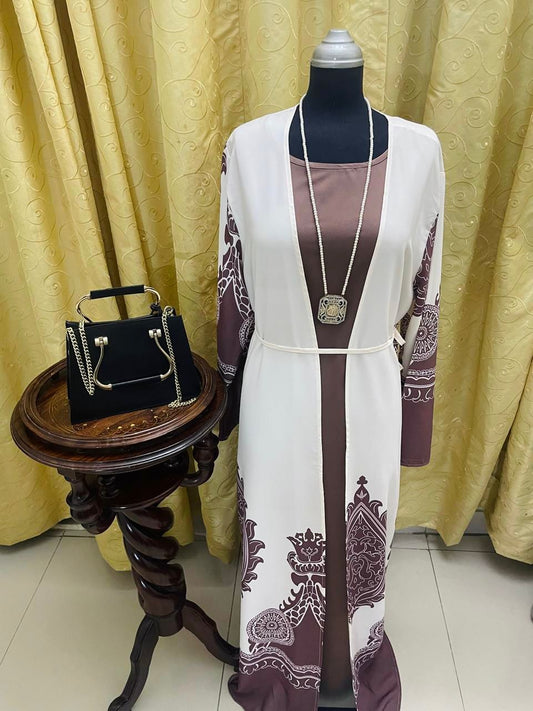 Modest Brown & White Printed Abaya