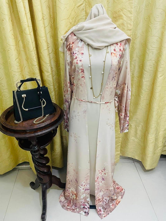 Elegant Cream Pink Floral Print Abaya