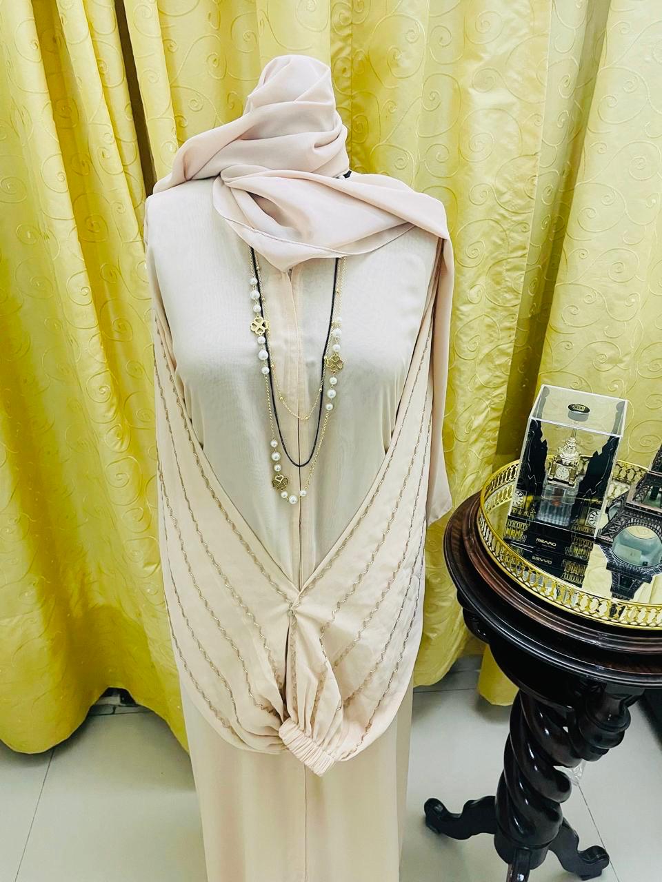 Elegant Beige Embroidered Detail Abaya