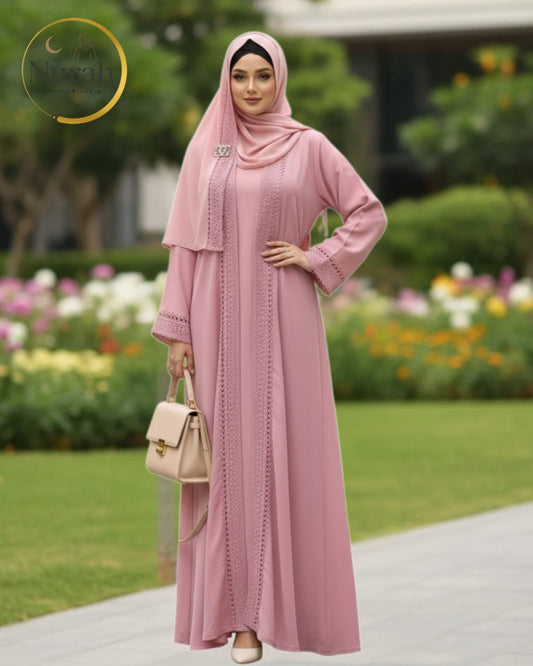 Pink 3-Piece Abaya Set with Lace Detail - Inner, Upper & Scarf | Korean NIDA