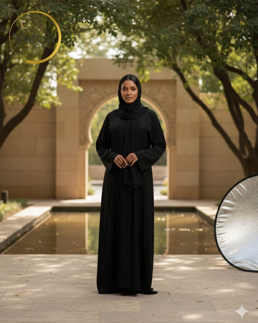 Black Studded Abaya with Side Panel Embellishments